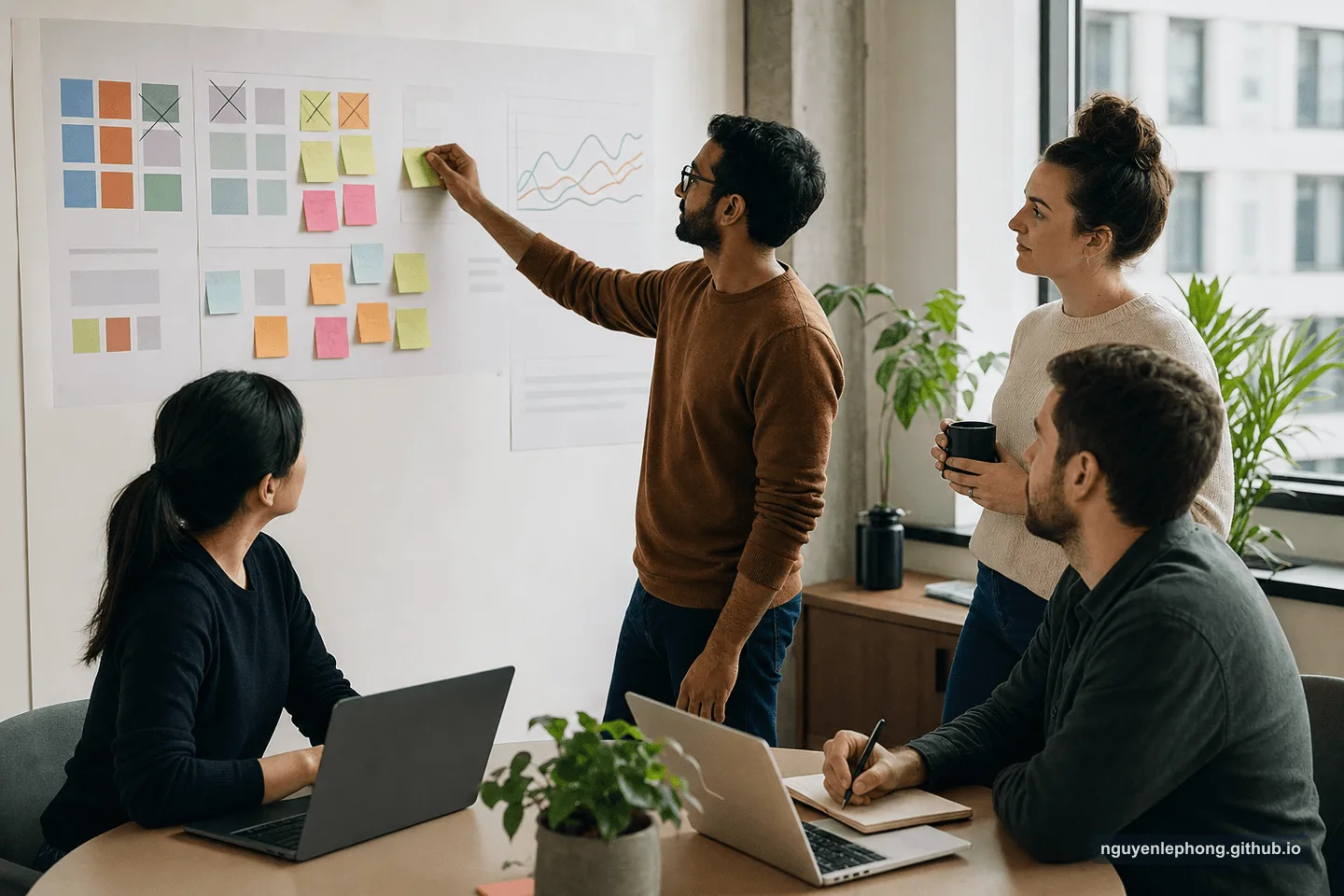 Bốn người trao đổi trước một bảng treo tường có sticky note, các ô màu và biểu đồ đường; một người đang gắn thêm giấy.