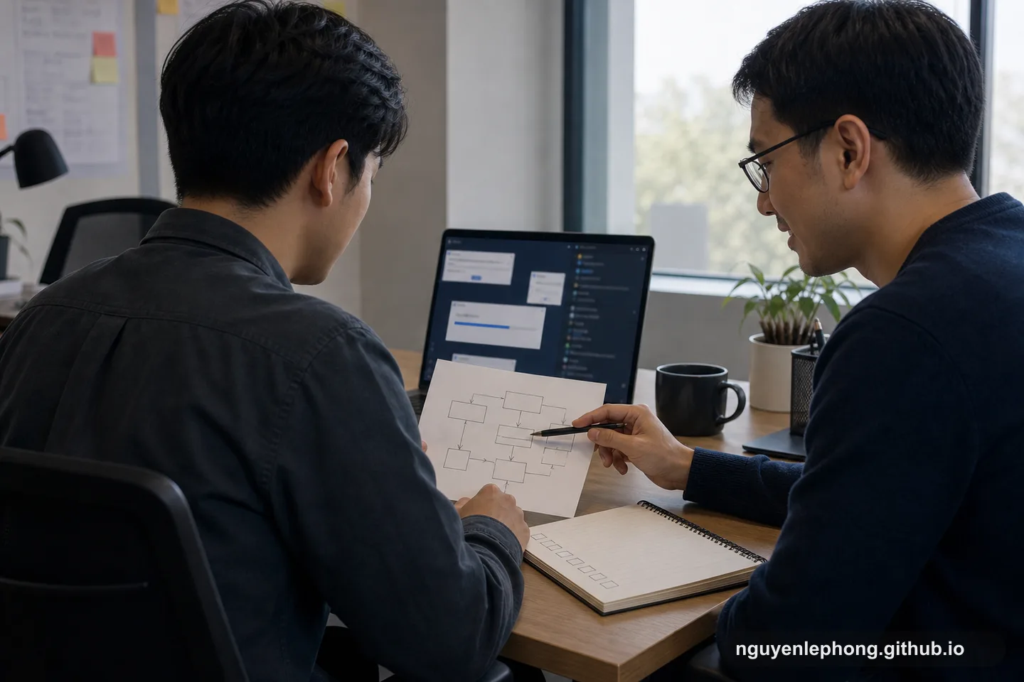 Hai người cùng xem một sơ đồ khối vẽ trên giấy, bên cạnh laptop và sổ ghi chép.