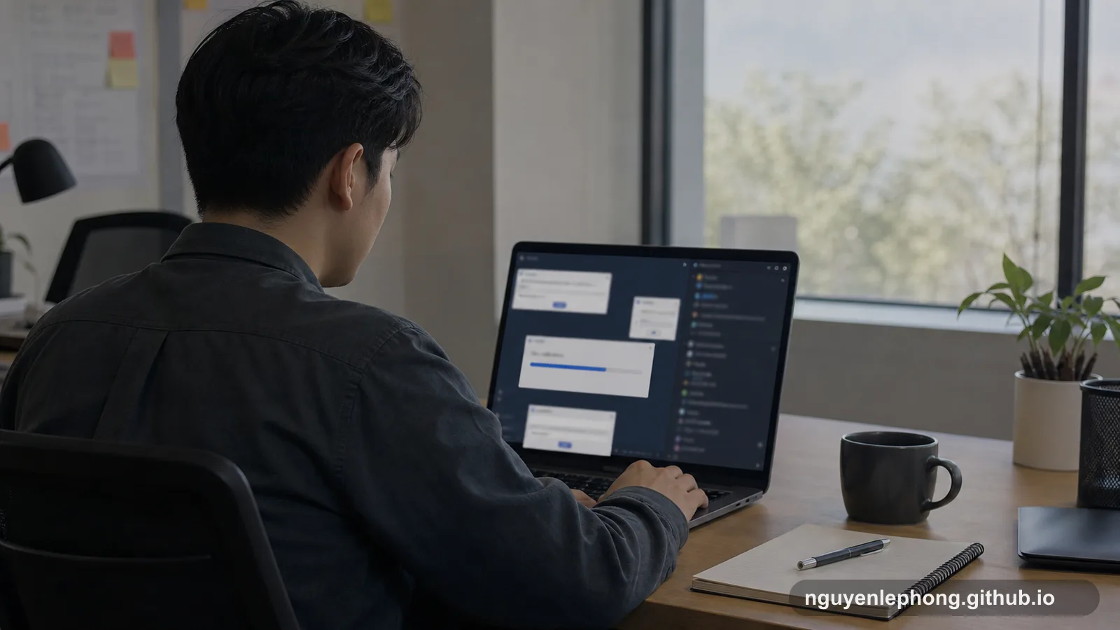 Một người ngồi trước laptop có nhiều hộp thoại và thanh tiến trình tại bàn làm việc cạnh cửa sổ.