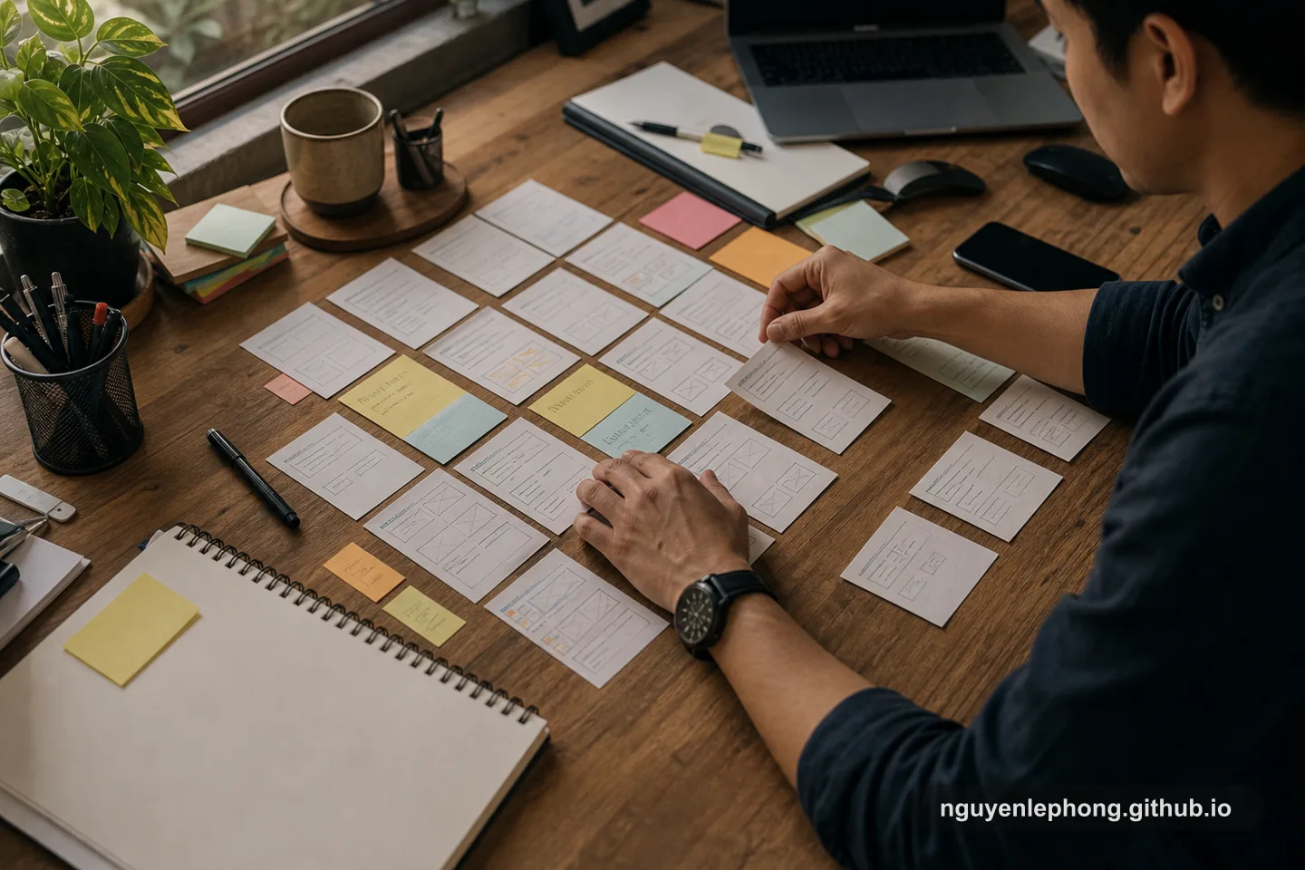 Hands arrange paper workflow cards and sticky notes across a wooden desk while the rest of the room stays out of frame.