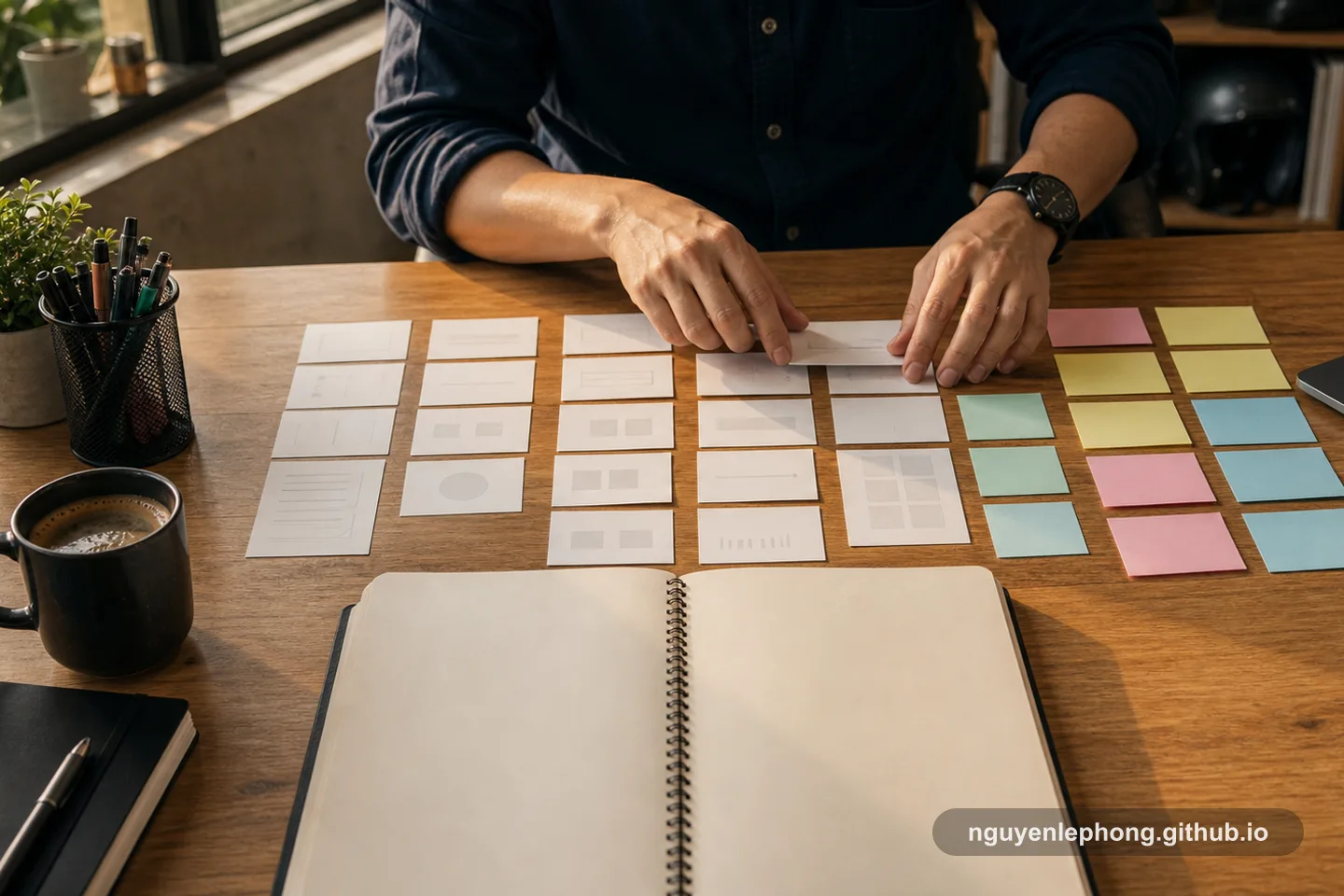 An engineering lead sketches a path in a notebook during a quiet one-on-one conversation with a teammate at a shared table.