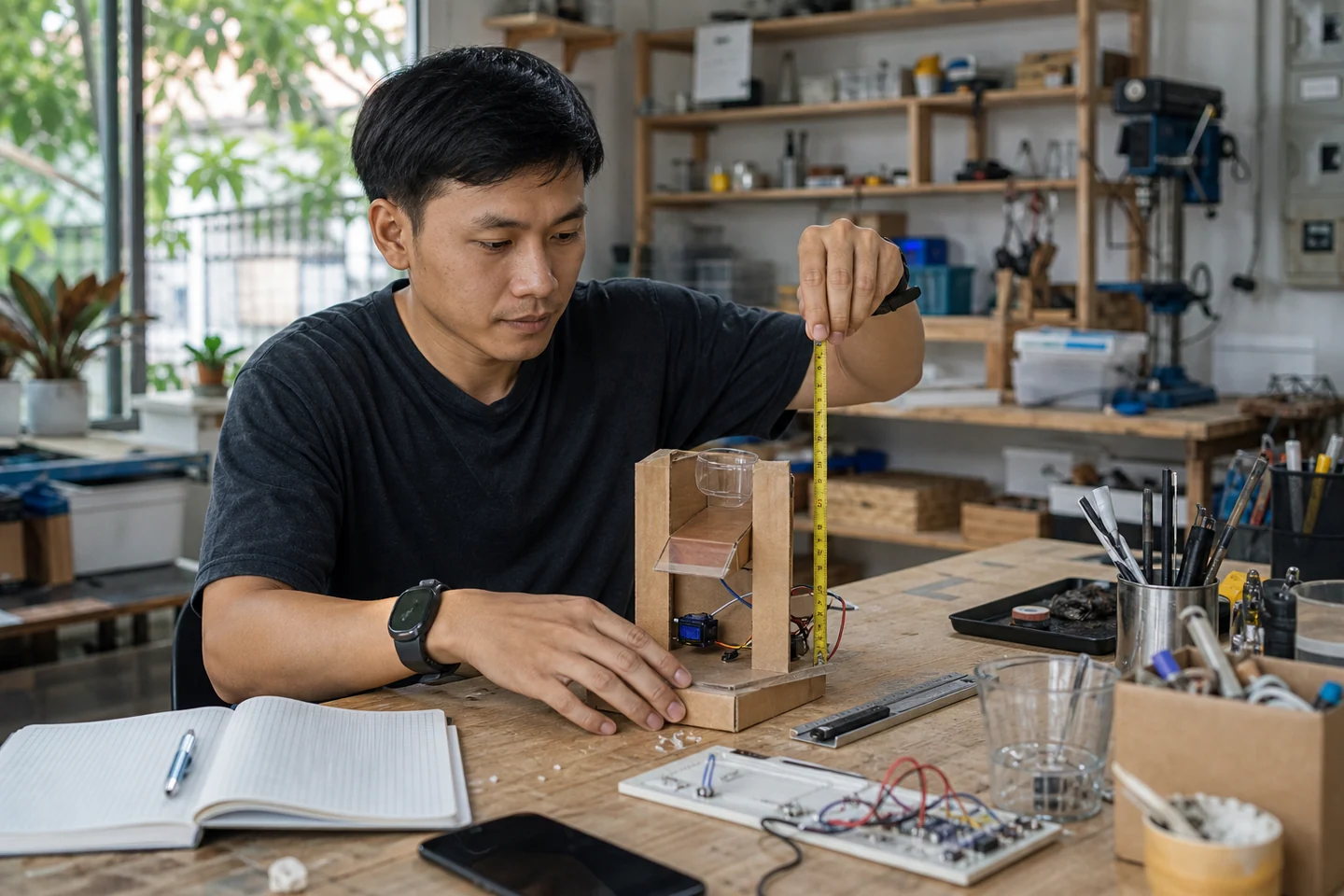 Một người Việt đo thử mô hình điện tử bằng bìa cứng trên bàn maker sáng tự nhiên.