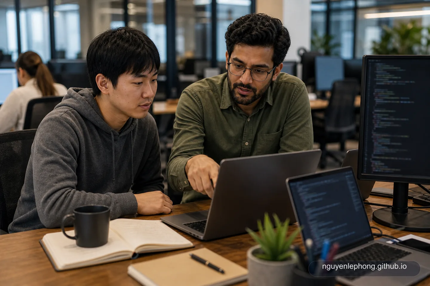 An experienced engineer pairs with a newer teammate at a shared desk during an onboarding session.