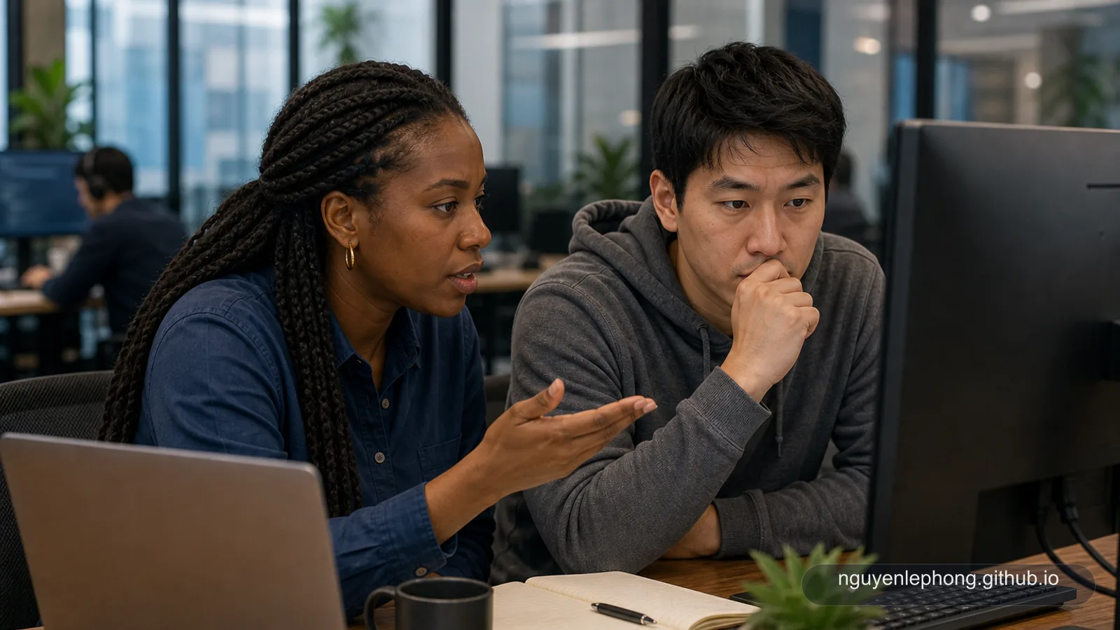 Two engineers sit close to one monitor and pause together while thinking through an edge case.