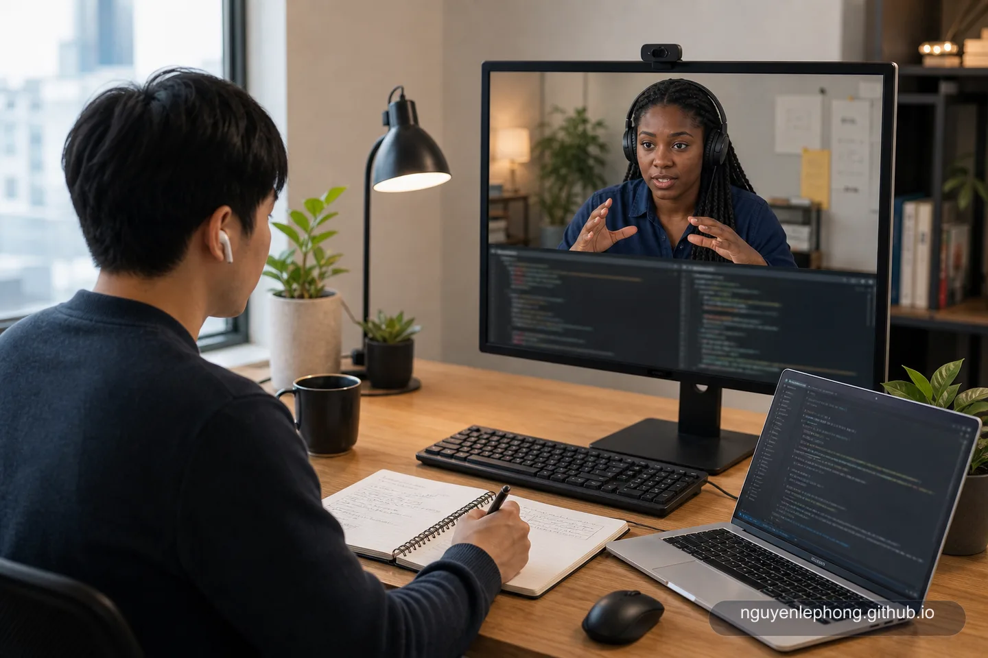 Two engineers work through a focused remote pairing session with a short note beside the keyboard.