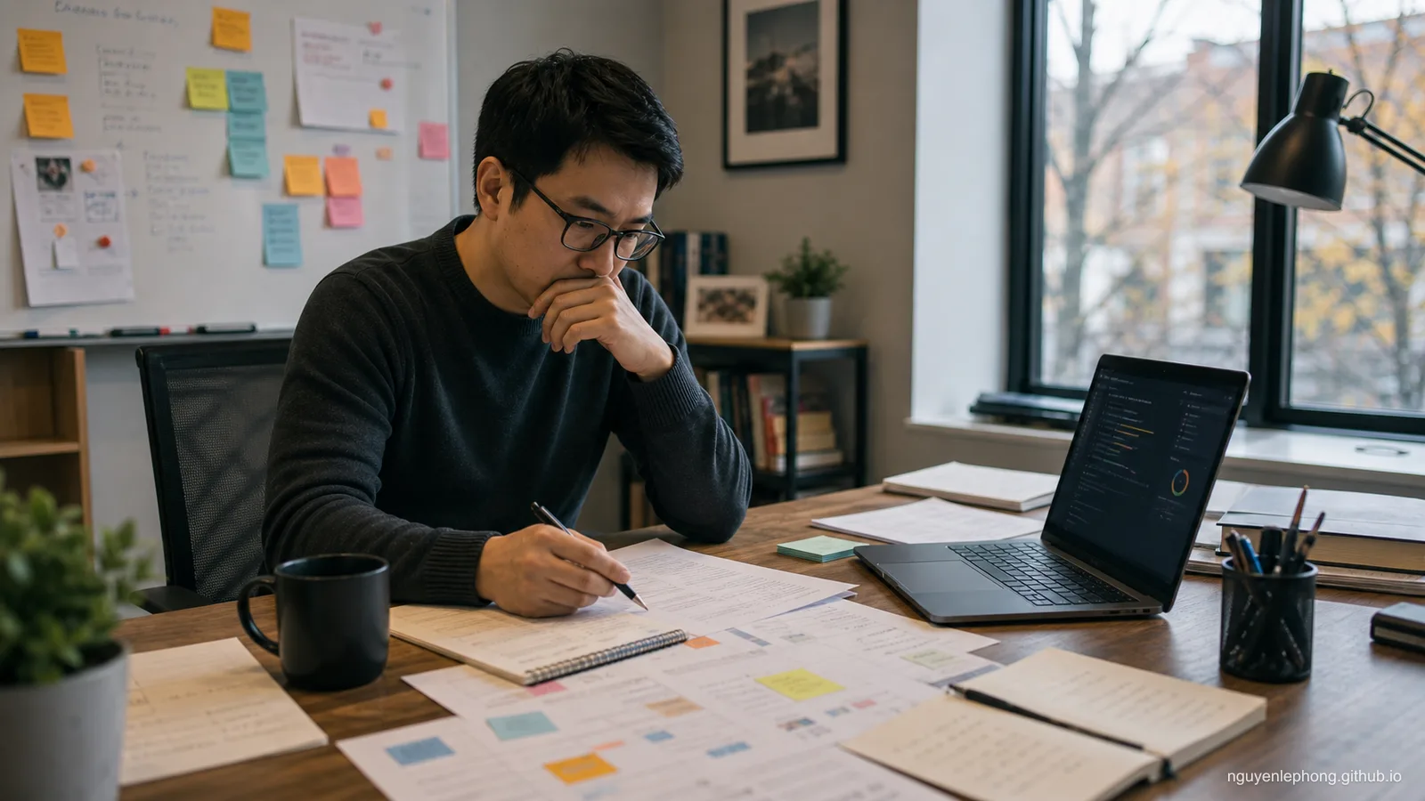 Một manager ngồi trước note review, feedback từ code và evidence về incident, cố gắng làm cho performance review phản ánh đúng sự thật.