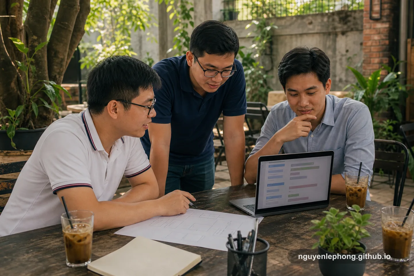 Nguyễn Lê Phong cùng hai người đồng đội đứng quanh một chiếc laptop trong khoảng sân ngoài trời, rà lại kế hoạch trước khi chốt hướng làm việc.