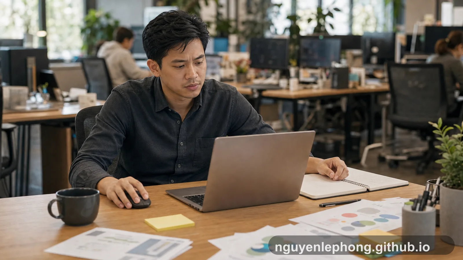 Một software engineer dừng lại trước laptop ở bàn làm việc văn phòng, bên cạnh là cuốn sổ còn trống vì yêu cầu quá thiếu context.