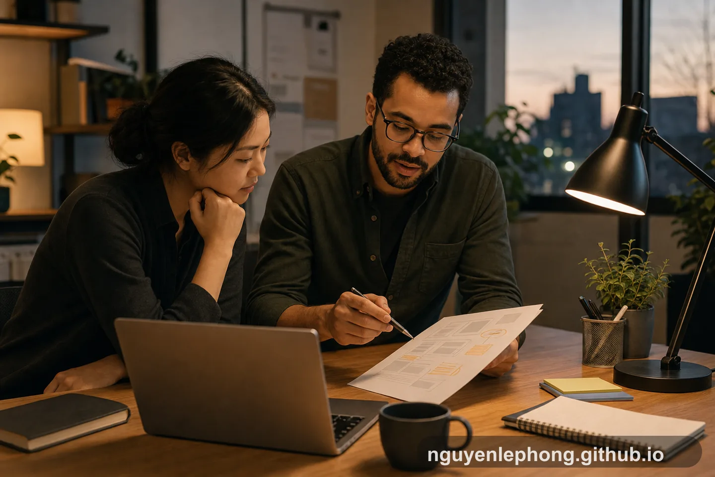 Hai đồng nghiệp đối chiếu các thẻ ví dụ và ghi chú trên bàn gỗ để làm rõ một task brief.