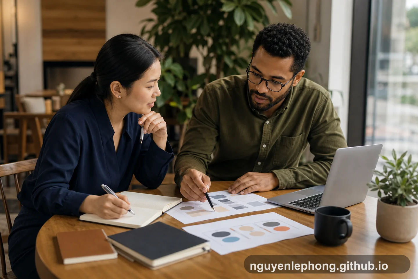 Hai đồng nghiệp review một bản nháp cạnh laptop và đèn bàn, dùng feedback để tinh chỉnh phiên bản tiếp theo.