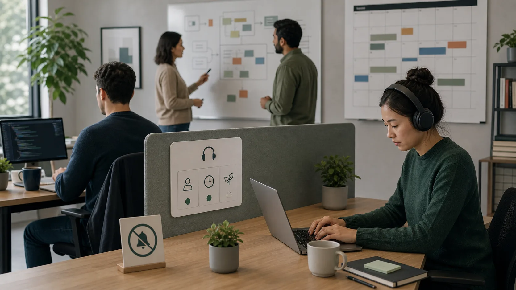 A focused engineering workspace with a protected attention board, quiet desks, soft light, and teammates coordinating without crowding each other.