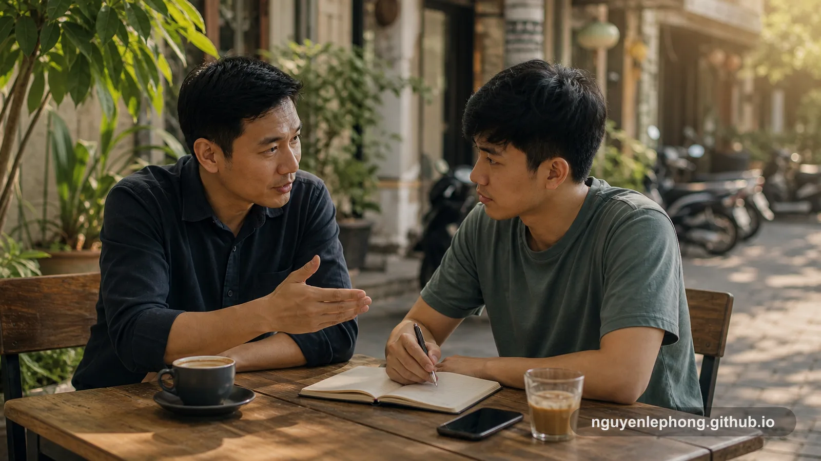 A Vietnamese engineering lead and a younger teammate talk through a notebook over coffee in an open-air city courtyard before work.