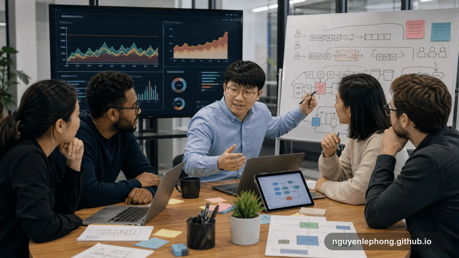 Engineers review an overload dashboard and request-flow sketches while discussing fair shared capacity during a traffic spike.