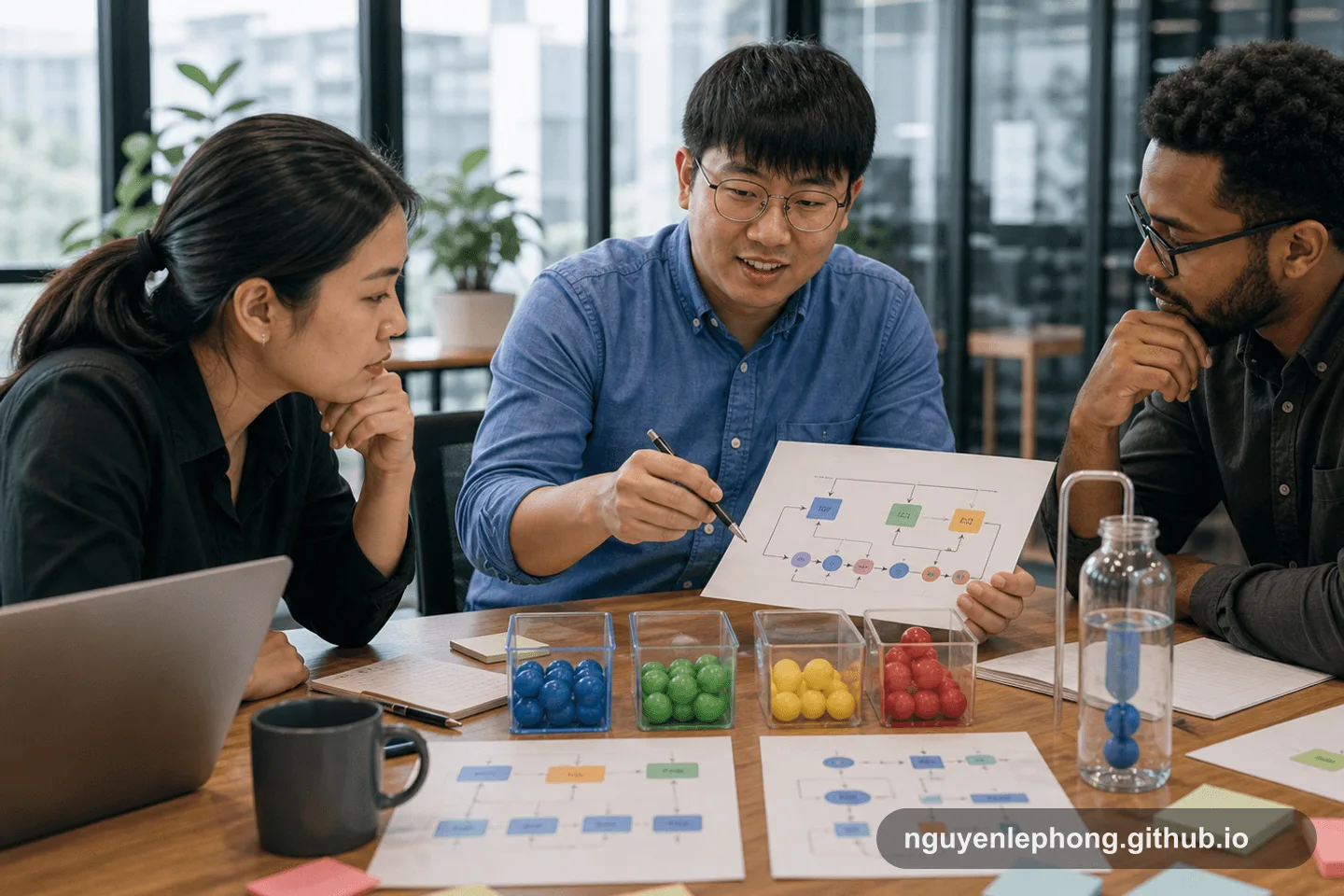 A small team compares request-flow diagrams and bucket models to reason about bursts, averages, and steady traffic.