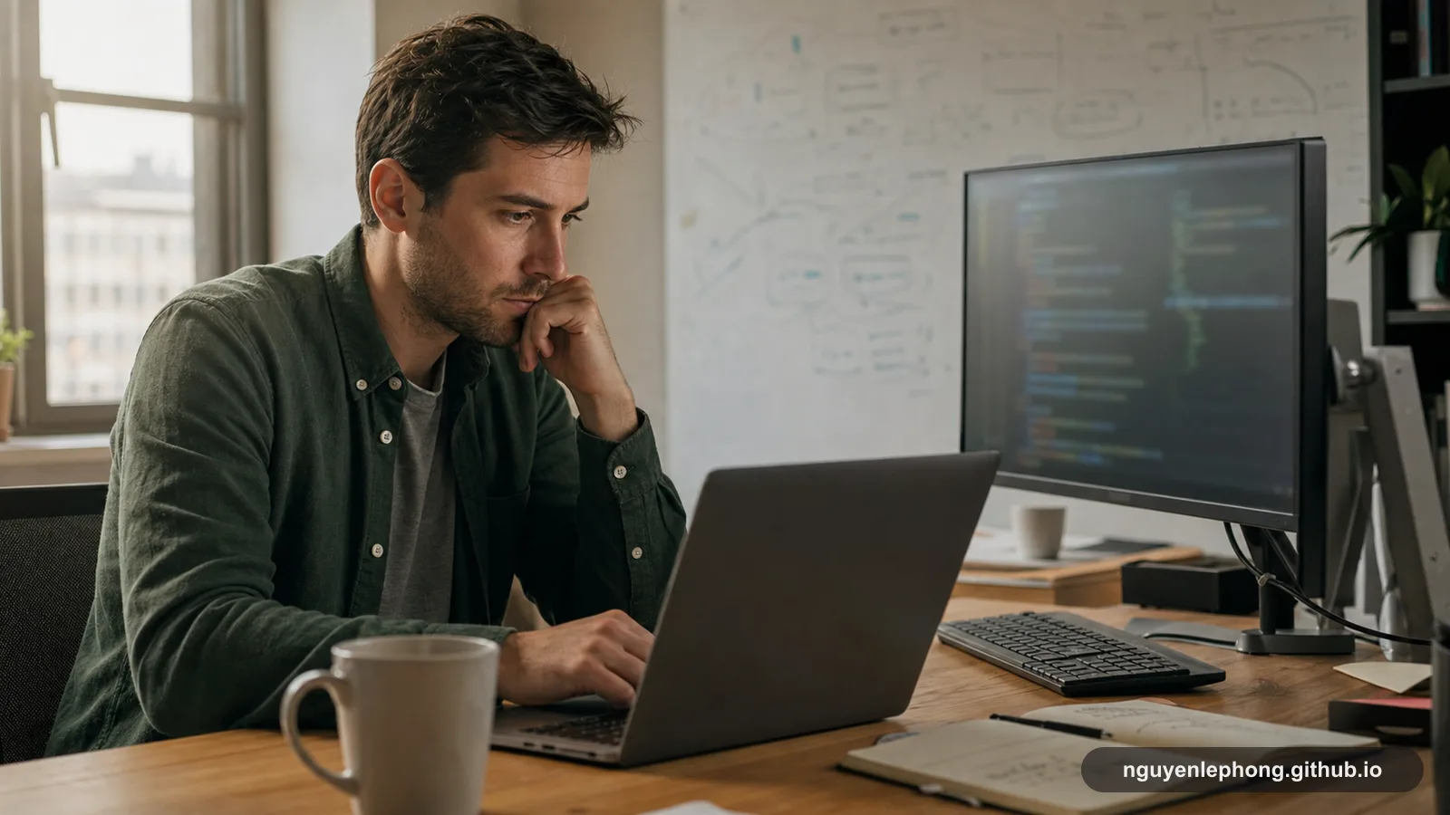 An engineer studies inherited code at a desk with a whiteboard of old system notes behind him.