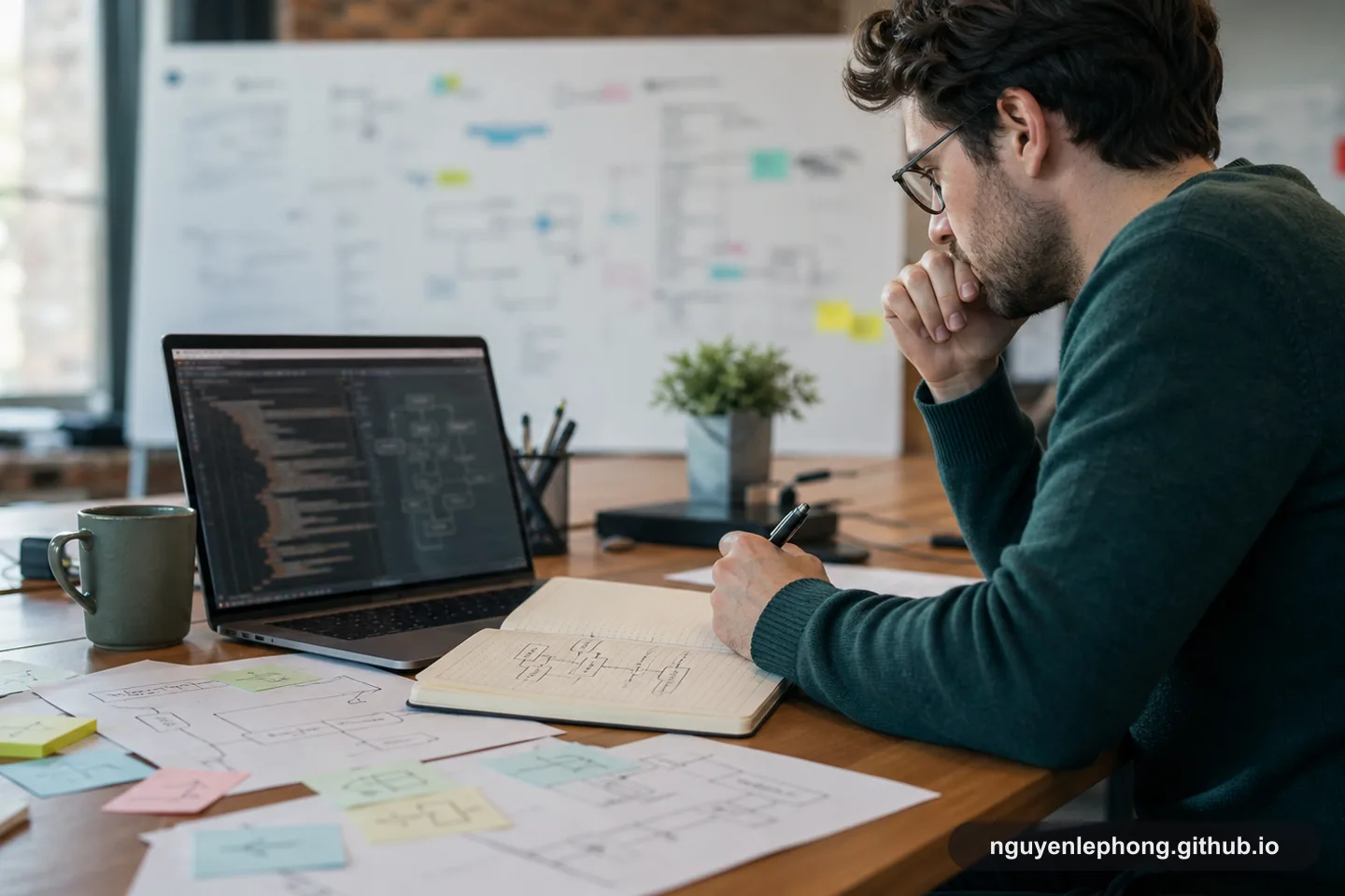 An engineer traces code paths from a laptop to handwritten notes and diagrams spread across a desk.