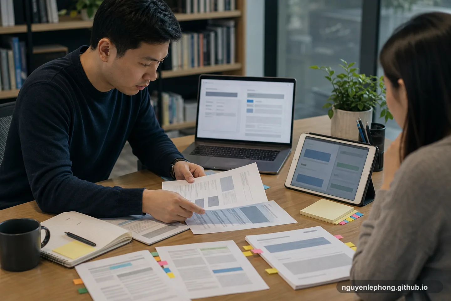 A colleague sorts printed source material beside blurred comparison screens for an AI retrieval review.