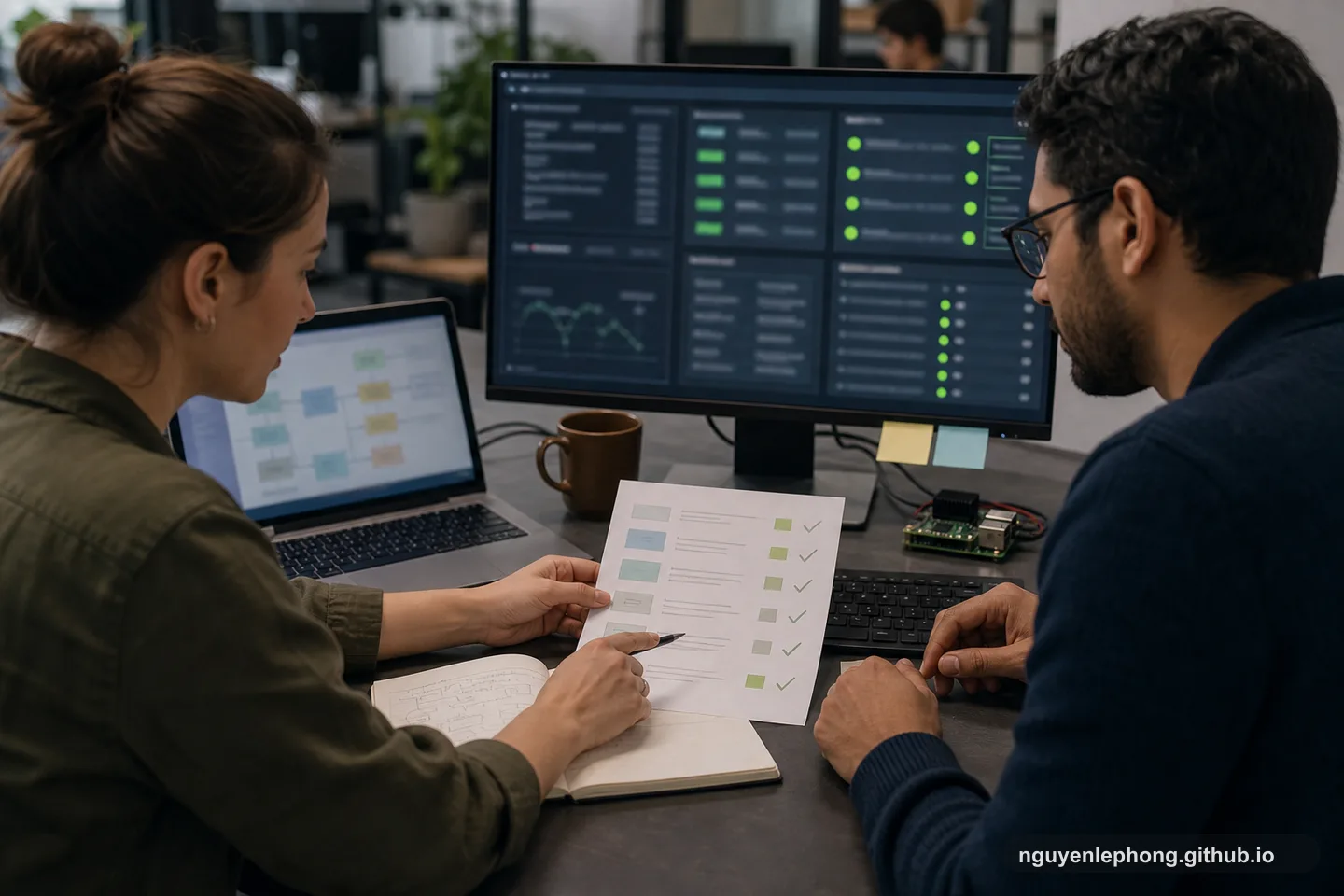 Two engineers review a checklist and blurred validation dashboards while checking an AI-assisted answer.