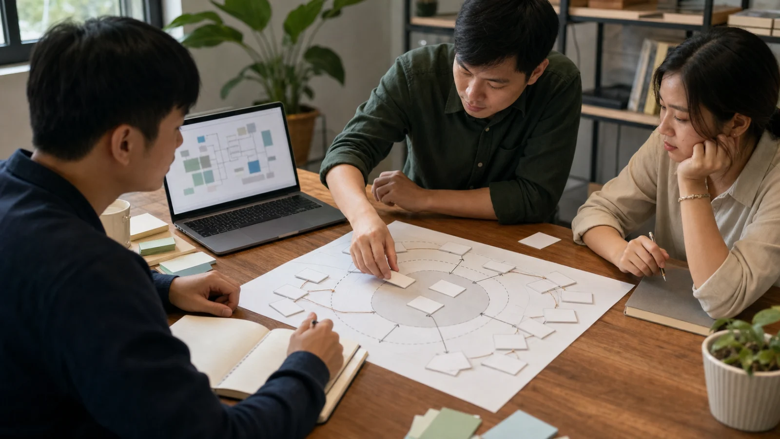 Engineers reorganize a messy codebase map into a clearer core on a shared desk.