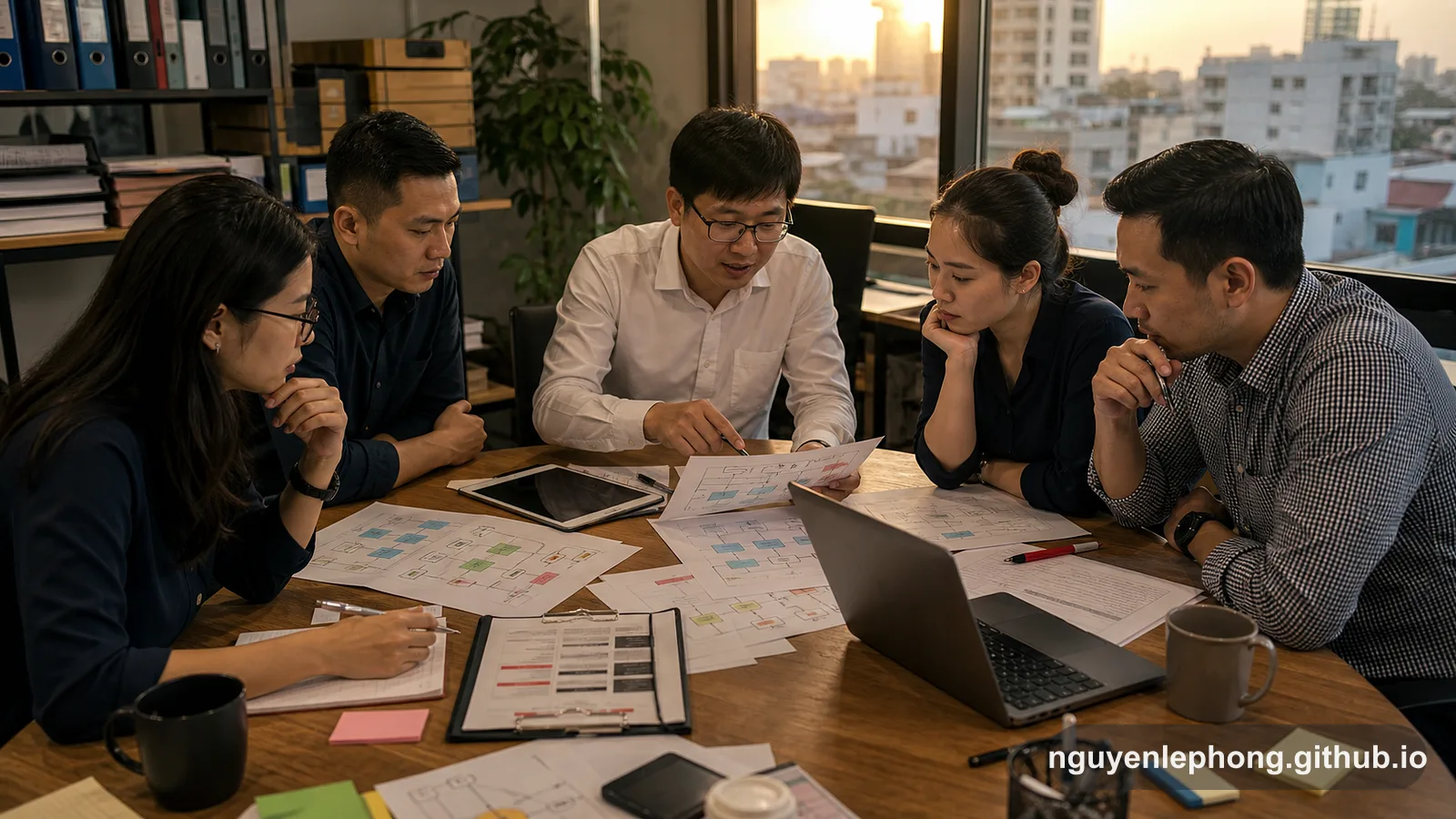 A Vietnamese BA and four colleagues compare diagrams, checklists, and sign-off artifacts around a table as dusk falls over Ho Chi Minh City.