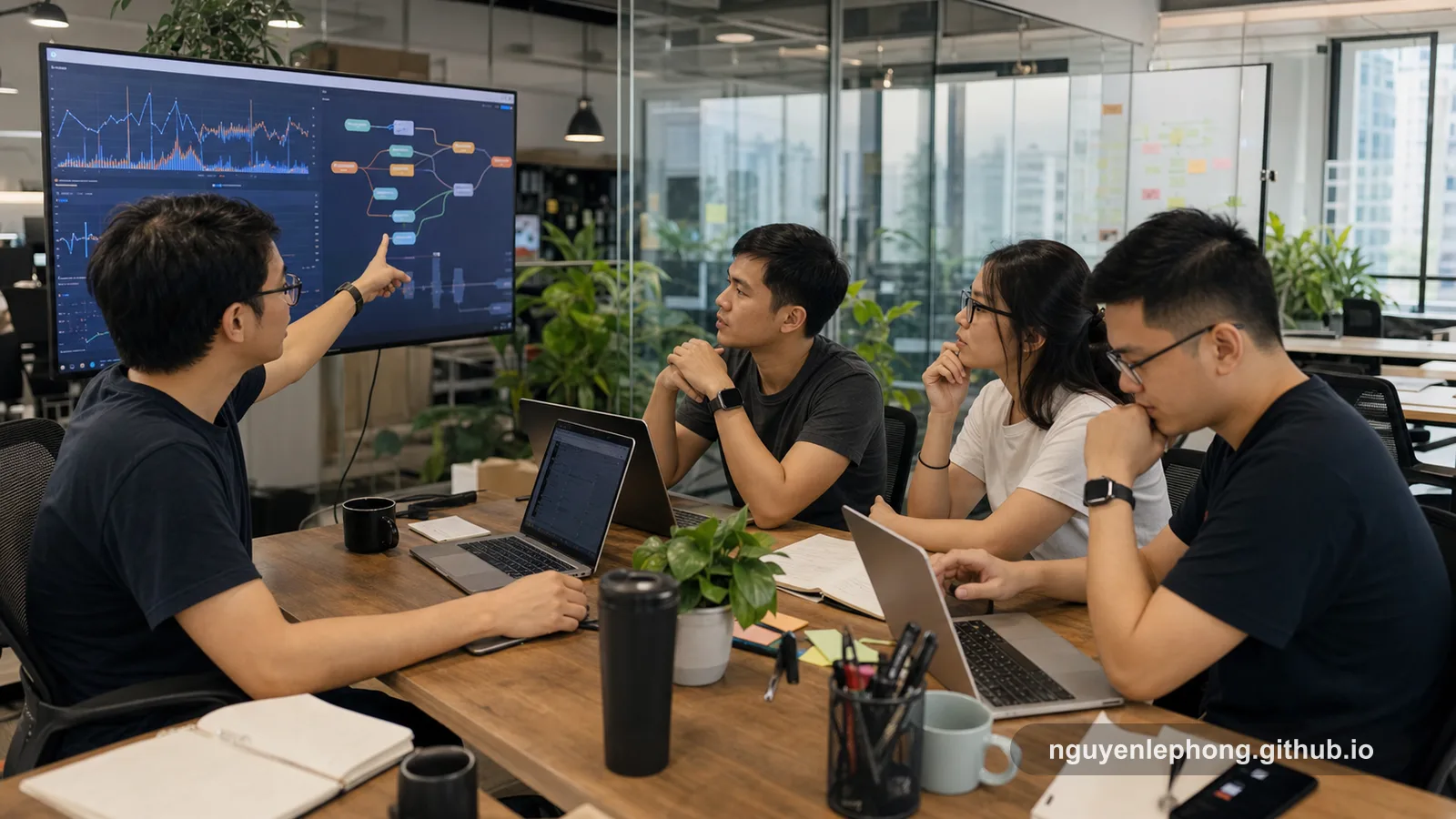 Nguyen Le Phong points at a live systems dashboard on a large screen while three teammates study the failure flow around a meeting table.