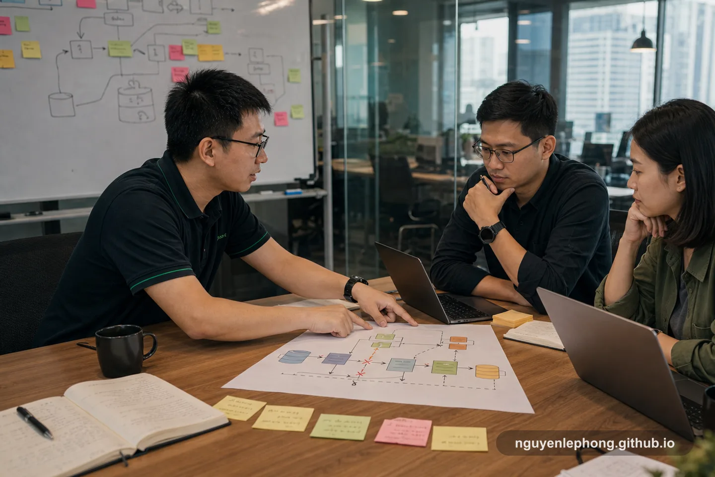 Nguyen Le Phong and two teammates review a flow diagram on the table, mapping where retries should slow down and where repeated requests must be deduplicated safely.
