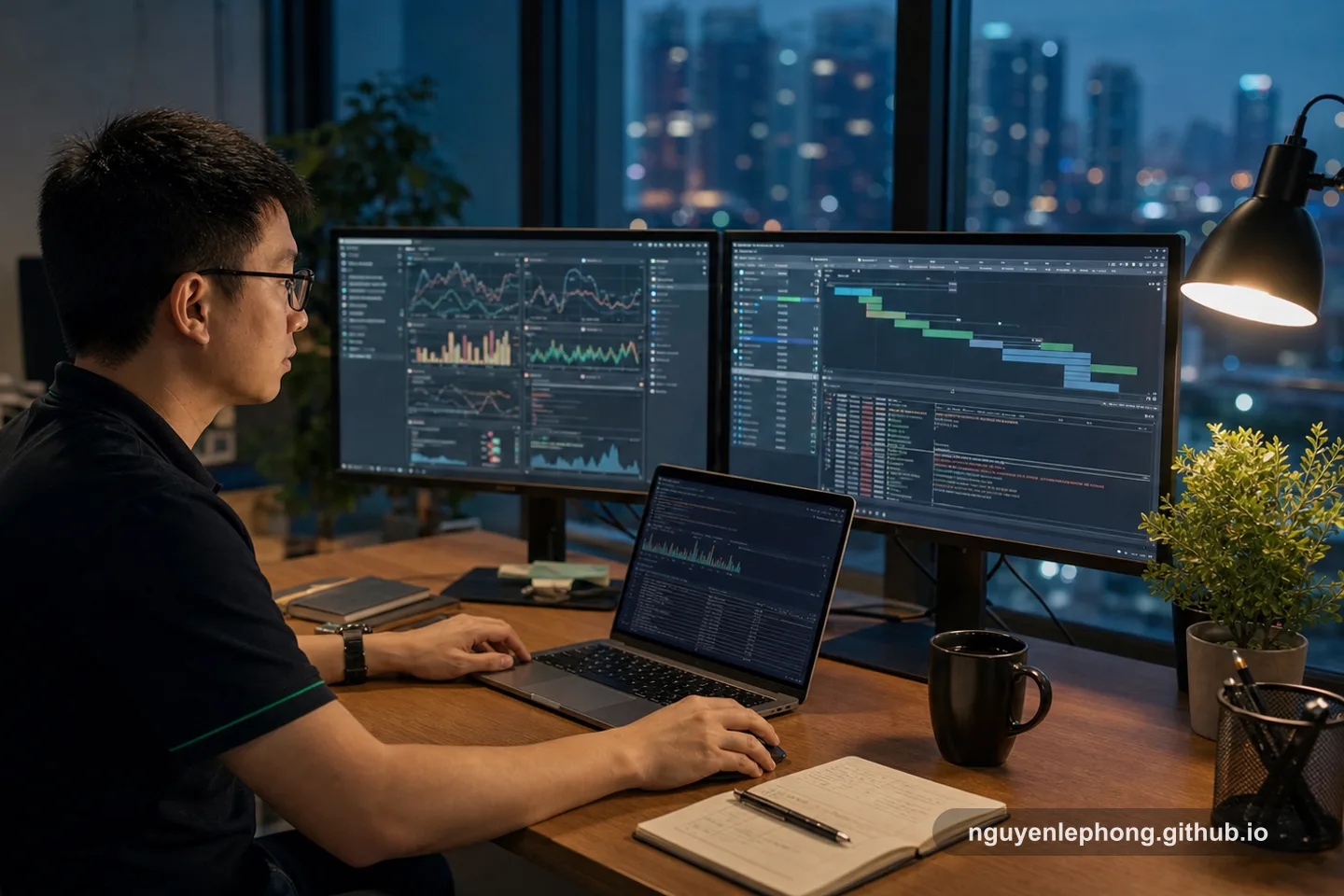 Nguyen Le Phong works alone at dusk across two monitors, comparing latency charts, traces, and logs before a quiet system issue turns into a page.