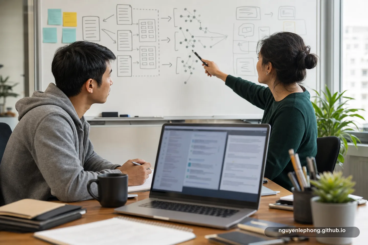 Hai teammate cùng vẽ mối liên hệ giữa document chunk và embedding trên bảng trắng, bên cạnh laptop với luồng search được làm mờ.