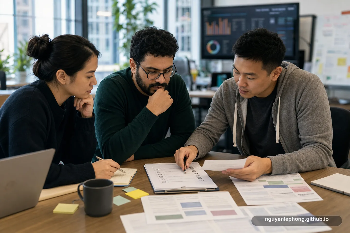 Ba đồng đội cùng xem độ mới của source, citation và các câu trả lời sai quanh một checklist, với dashboard được làm mờ phía sau.