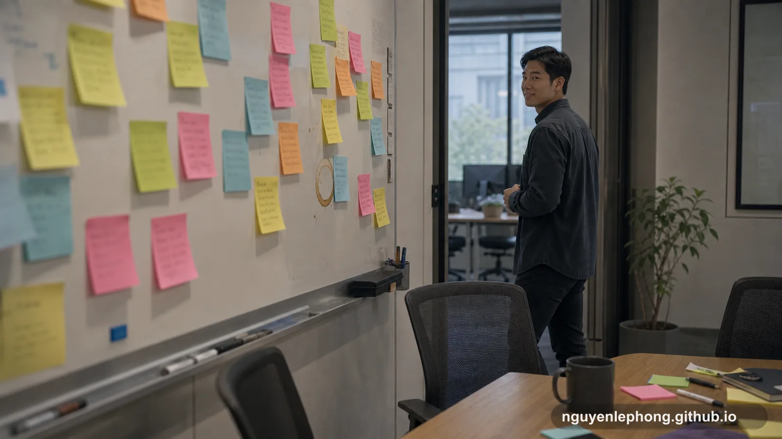 Một đồng đội dừng lại ở cửa trong khi bức tường retrospective vẫn còn đầy sticky note và một tờ dính vệt cà phê.