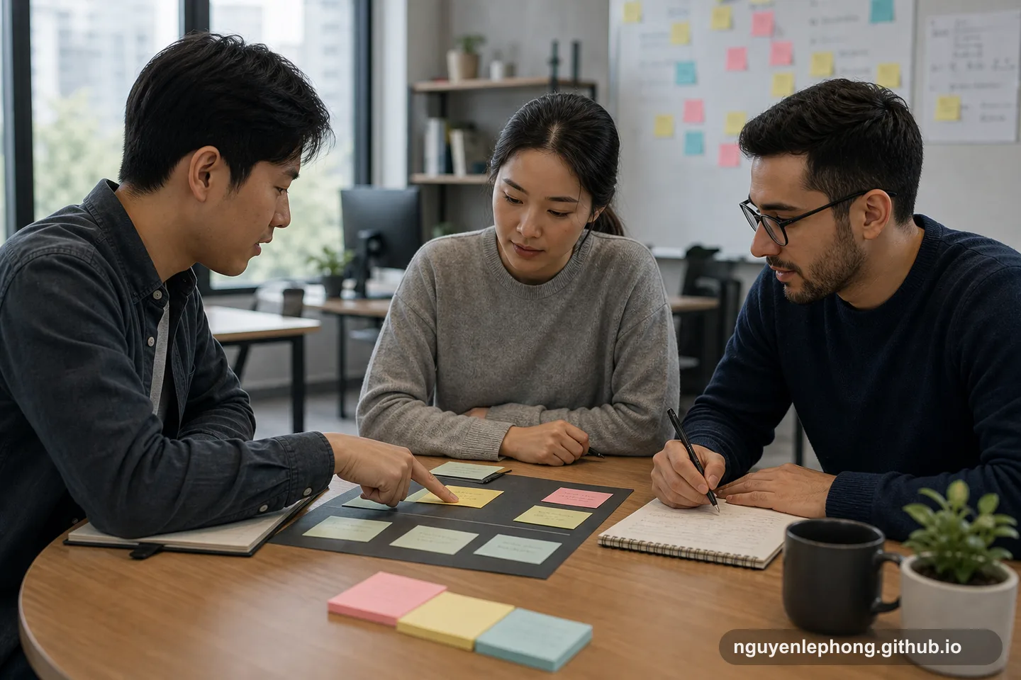 Ba đồng đội thu hẹp board retrospective về một experiment cụ thể trong khi một người ghi owner follow-up vào sổ.