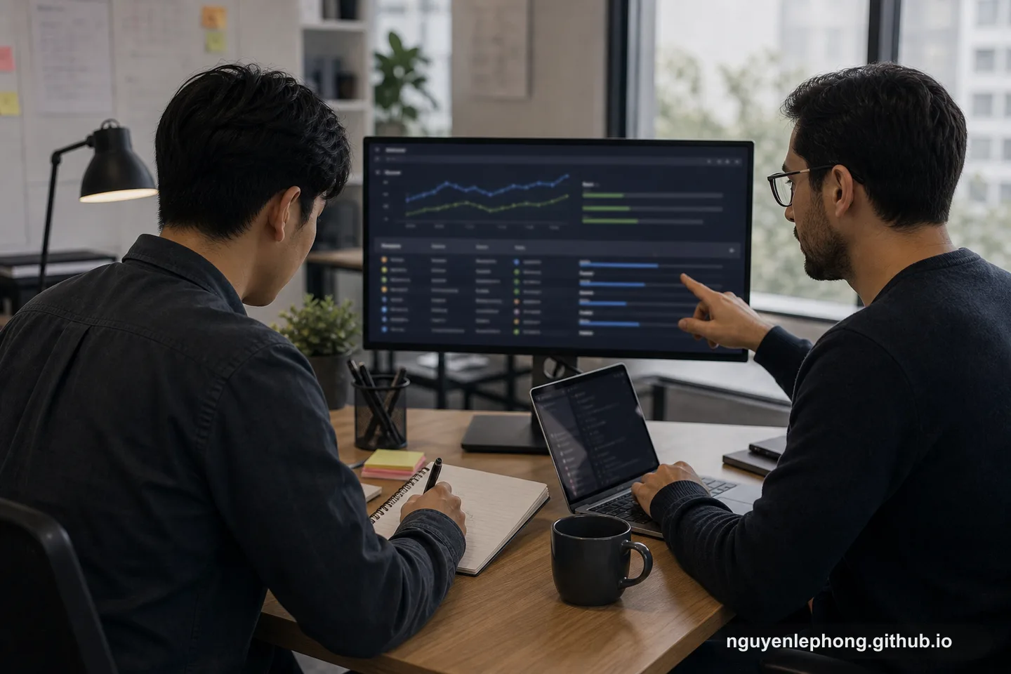 Hai đồng đội cùng xem dashboard đơn giản trong khi một người ghi lại follow-up cho action từ retrospective.