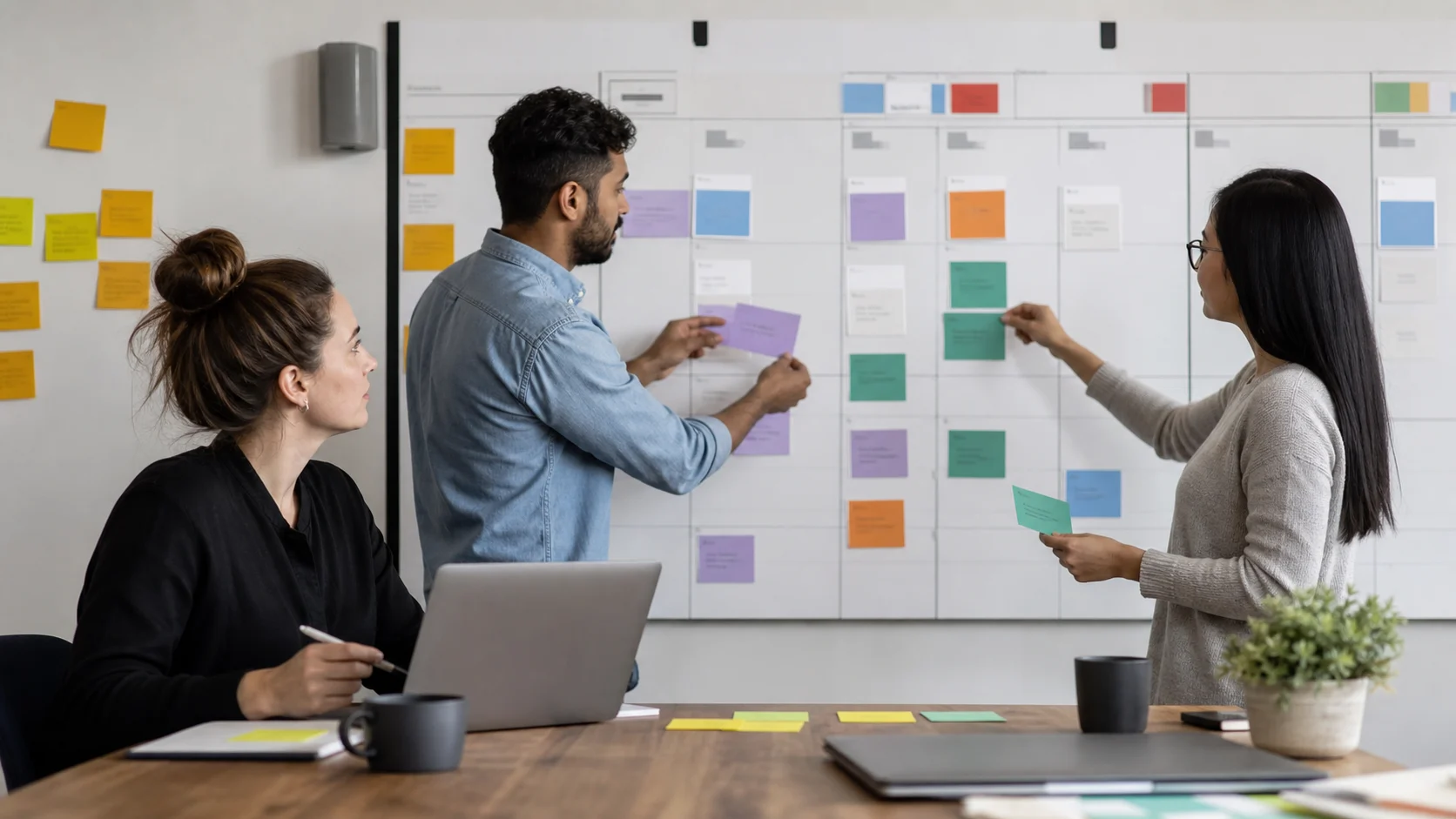 Một nhóm sản phẩm di chuyển thẻ kế hoạch trên bảng lịch để khớp tham vọng roadmap với năng lực thực tế theo tuần.