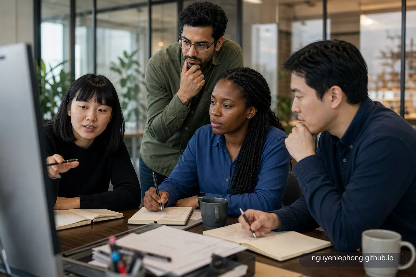 A small engineering team uses one internal workstation to explore a private AI-assisted workflow together.