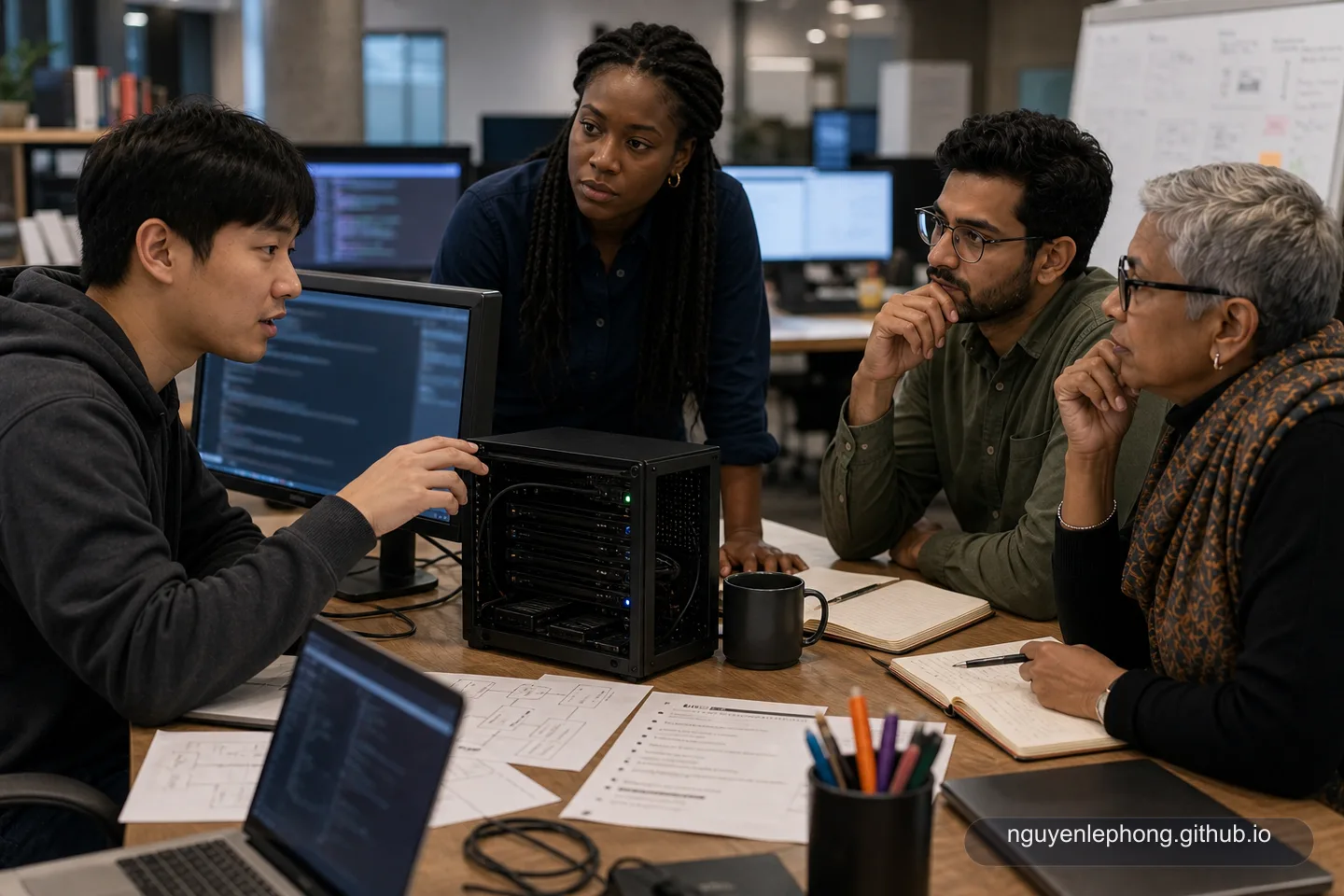 Engineers and a security-minded teammate review a compact GPU workstation and notes for a local AI setup.