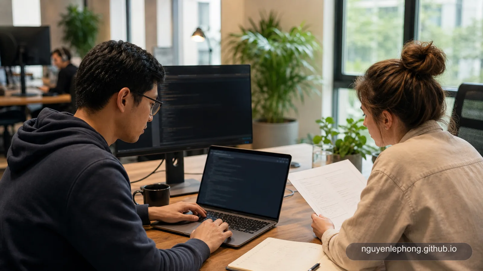 A developer and teammate review a private note beside a laptop running a local model in a quiet office workspace.