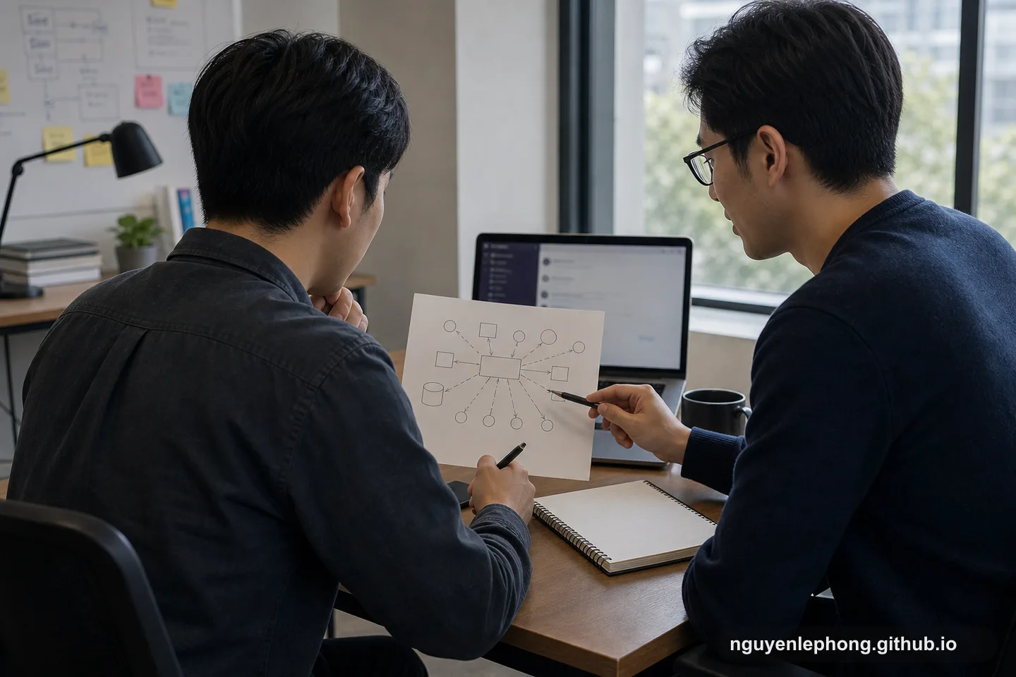 Two engineers compare a hand-drawn service workflow beside a laptop while discussing how distributed steps should coordinate.