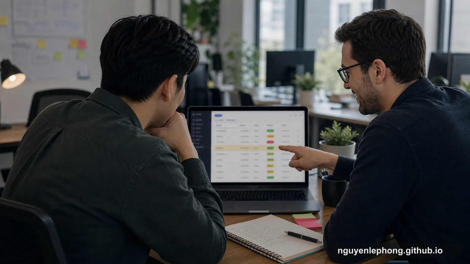 Two teammates review an order dashboard where one checkout appears inconsistent after a distributed workflow failed midstream.