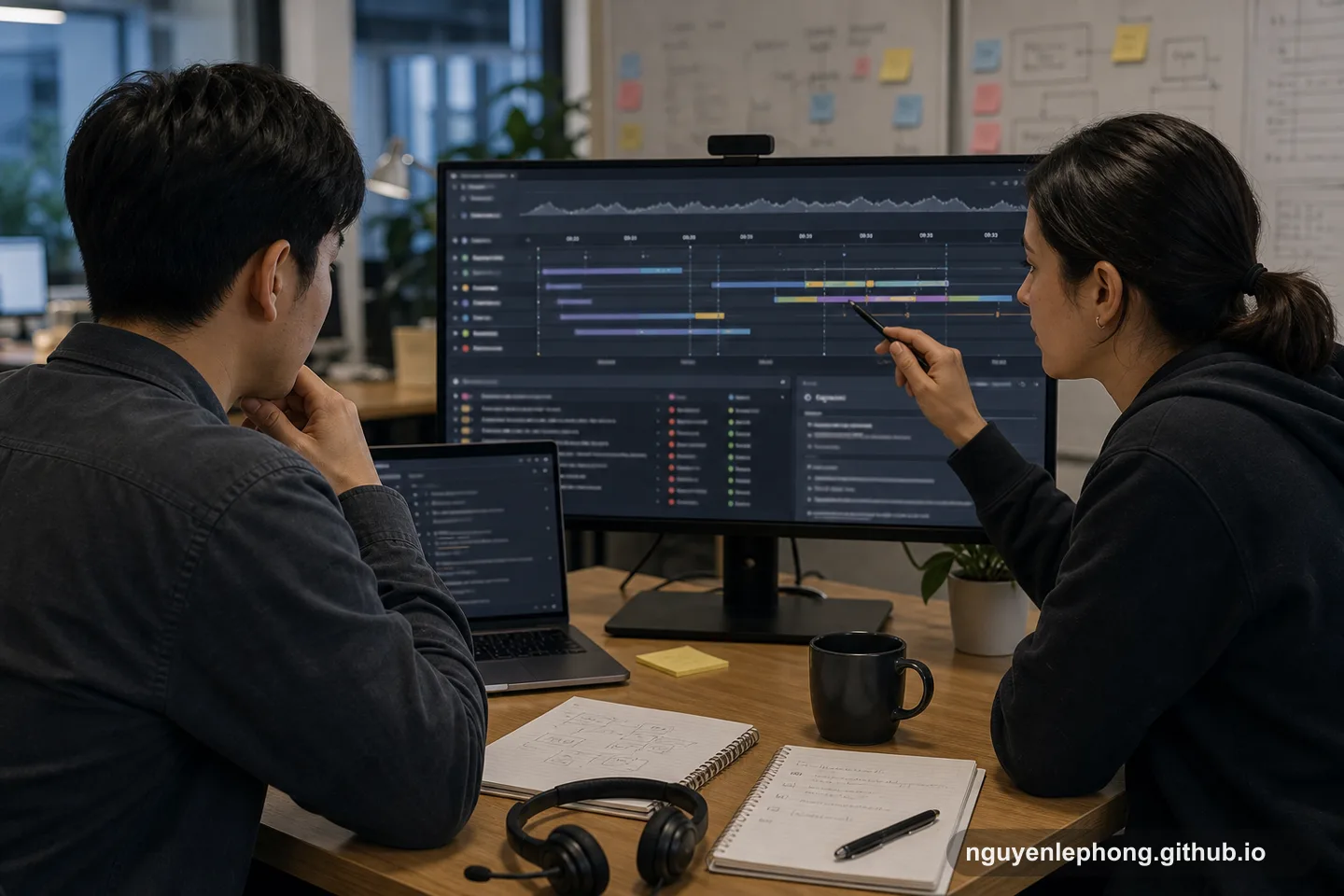 An engineer and an operations teammate inspect a timeline dashboard for a stuck distributed workflow.