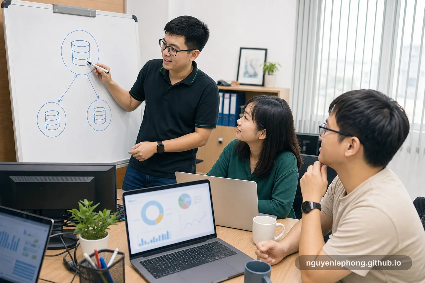 Một nhóm backend Việt Nam cùng xem sơ đồ một primary database với hai read replica trên bảng trắng để quyết định lệnh đọc nào bắt buộc phải còn tươi.