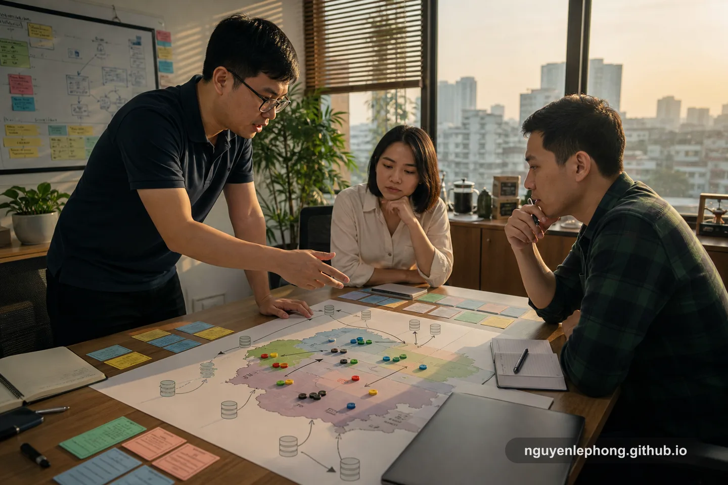 Nguyen Le Phong cùng hai đồng nghiệp trải bản đồ vùng và tải lên bàn lớn, tranh luận về shard key trước khi tách dữ liệu sang nhiều database.