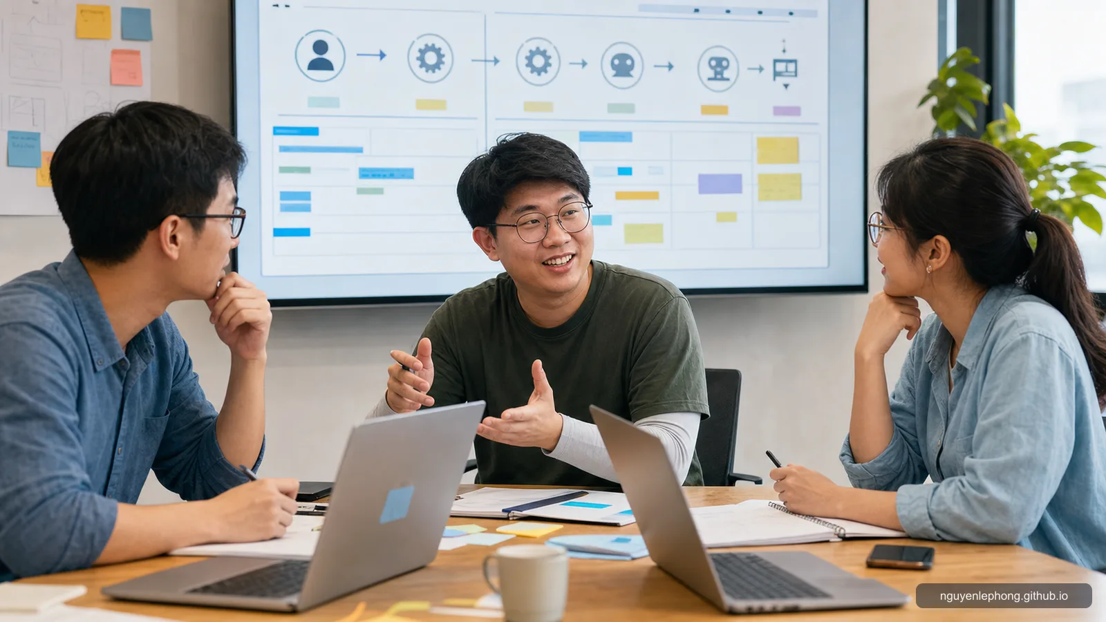 Phong dẫn dắt hai đồng đội trong một buổi planning giữa product và engineering, chuyển mục tiêu kinh doanh thành một workflow sẵn sàng cho agent trên màn hình chung.