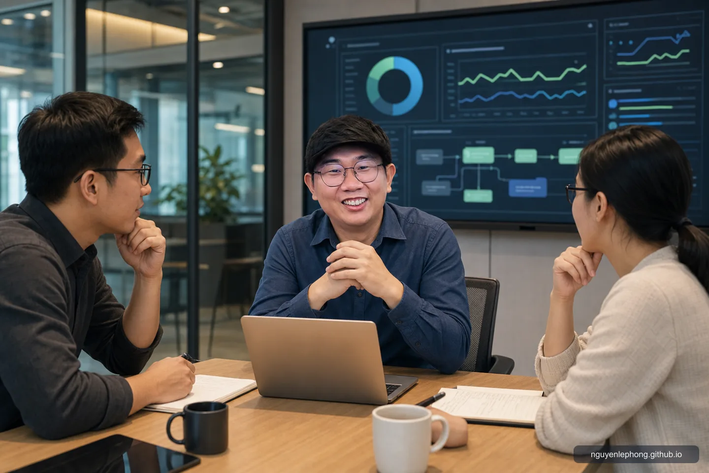 Phong dừng lại cùng hai đồng đội trước các màn hình rollout và health dashboard ngay trước lúc deploy, giữ điểm kiểm soát cuối cùng của con người trong luồng release có AI hỗ trợ.