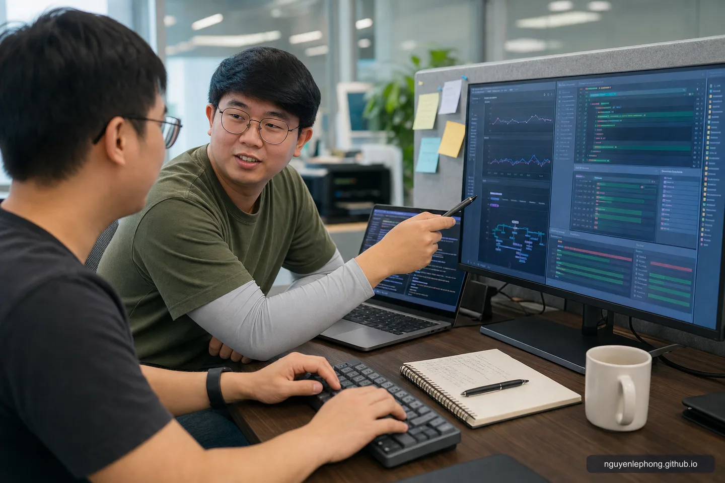 Phong cùng một teammate review đầu ra kỹ thuật do agent tạo ra, nhìn vào dashboard và trace trước khi tin vào kết quả.