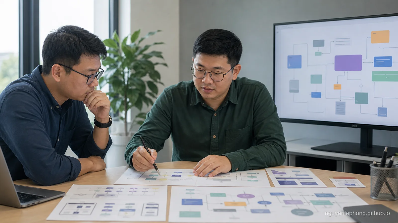 Phong cùng một đồng nghiệp xem lại một hệ thống phần mềm đang lớn dần qua sơ đồ kiến trúc và dependency map trừu tượng, cân nhắc chỗ nào nên làm gọn trước khi đắp thêm logic.