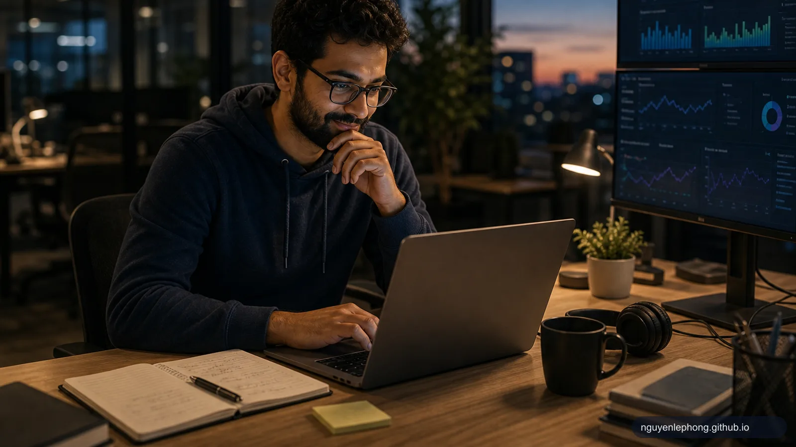 Một engineer đang xem lại một workflow serverless vừa deploy lúc chạng vạng, với dashboard sạch sẽ, queue và các event-driven service ở phía sau.