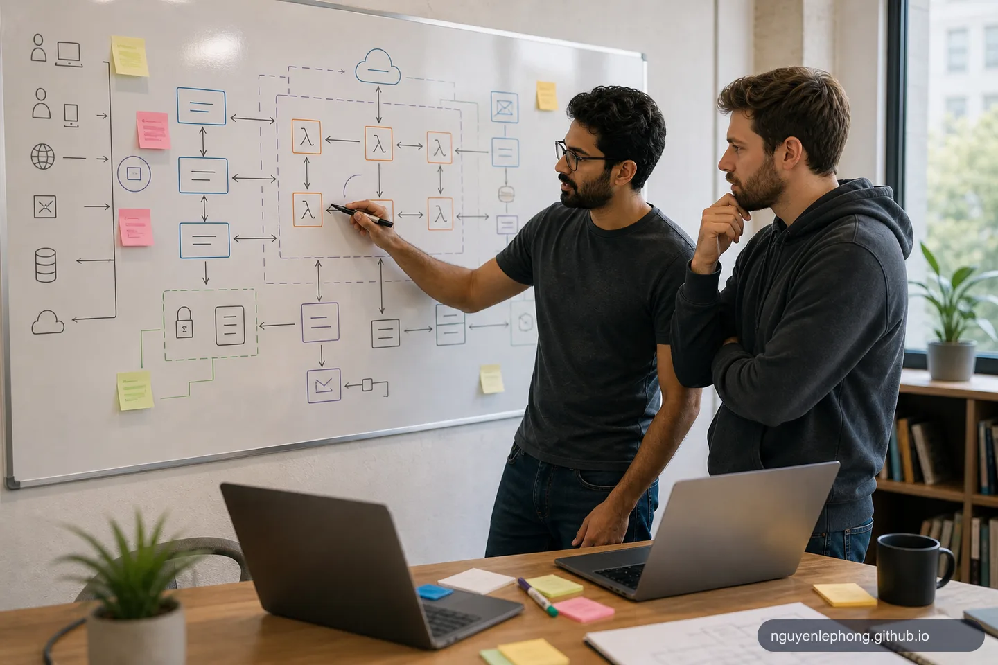 Hai engineer cùng vẽ function, queue, webhook và permission trên bảng trắng để tách boundary giữa các managed service rõ hơn.
