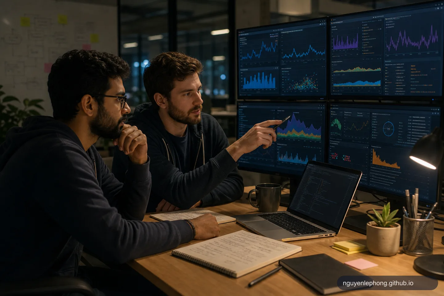 Hai engineer cùng xem invocation pattern, retry behavior và dashboard cloud cost trước nhiều màn hình.