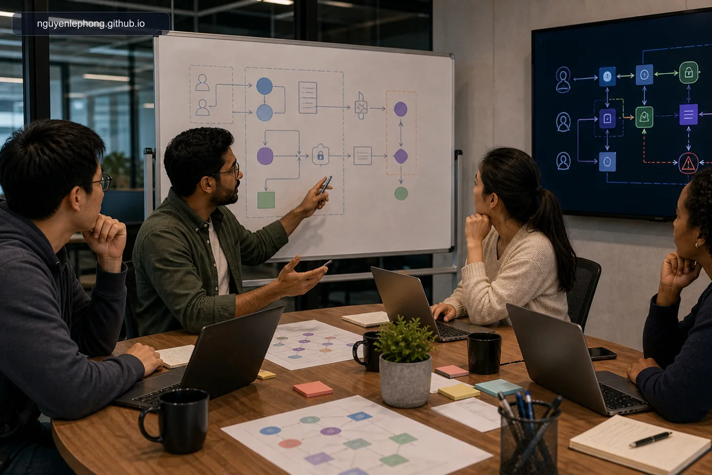 A small engineering group reviews trust boundaries and early security questions together before a feature becomes expensive to change.