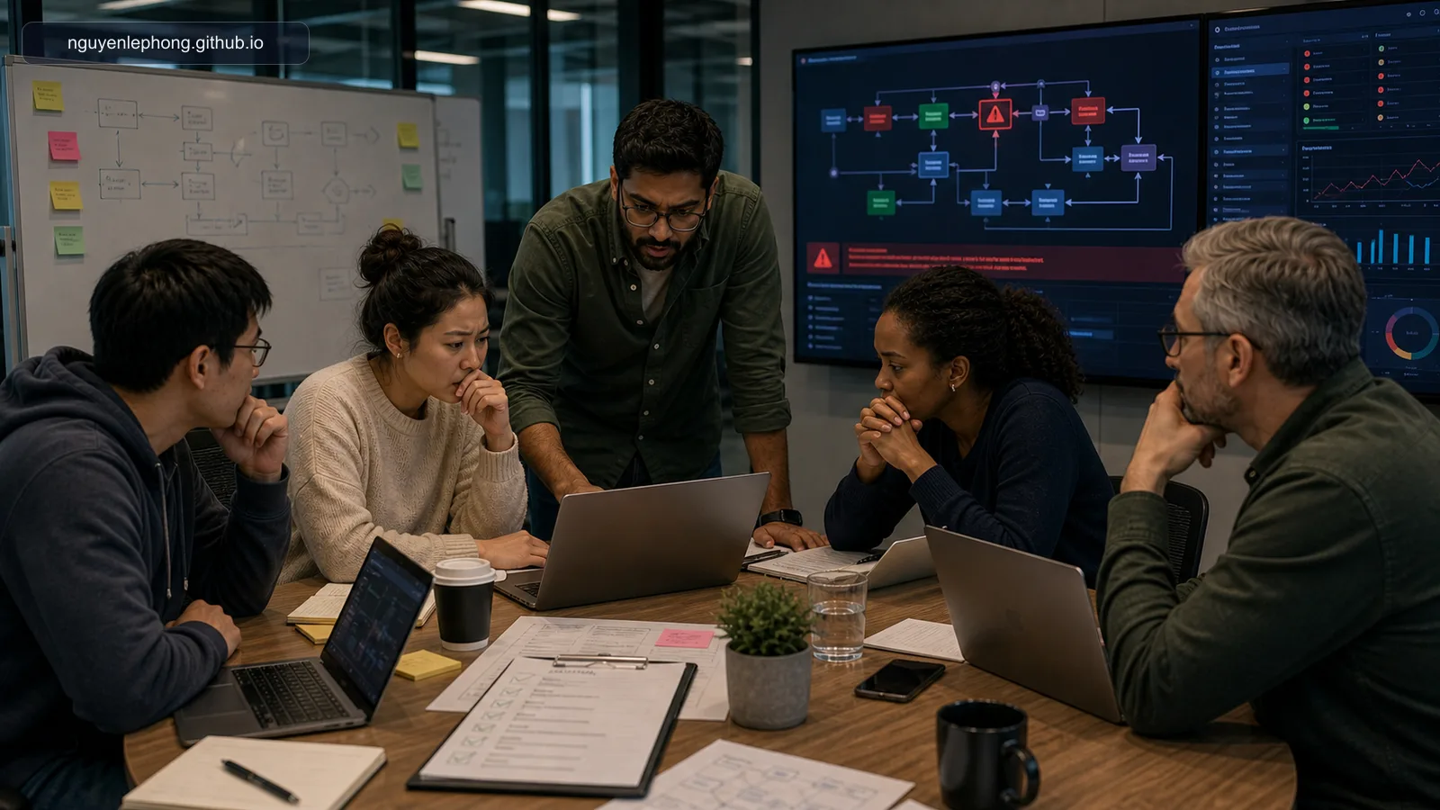 A delivery team leans over laptops and a release checklist while a late security finding suddenly changes the tone of the room.